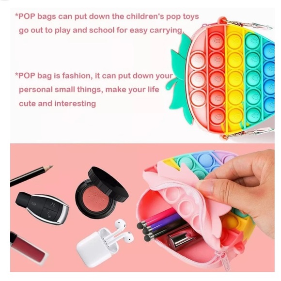 Silicone Rainbow Strawberry Fruit Popper Pop It Fidget Crossbody Bag Purse - Picture 9 of 15